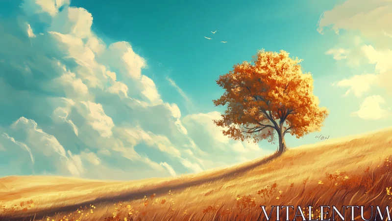 Golden hillside tree welcomes a quiet afternoon sky