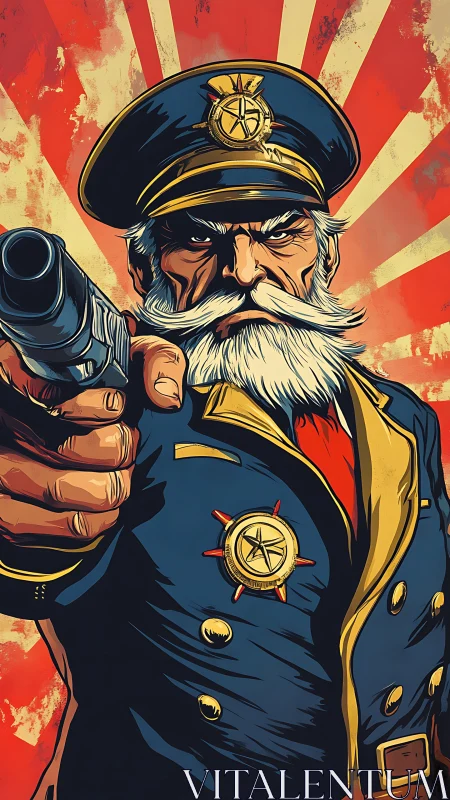 Authoritative naval officer with revolver and radial poster burst