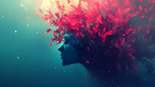 Surreal aquatic portrait merges female profile with red foliage