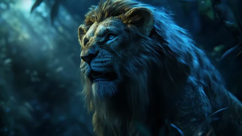 Majestic lion pauses in moonlit jungle hush and shadow