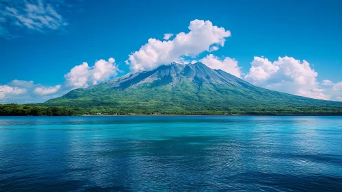 Volcanic island massif rises above cyan coastal shallows under cumulus