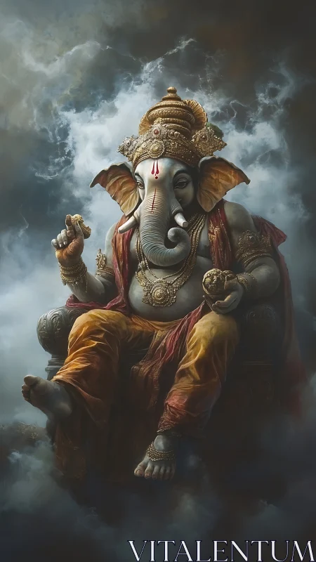 Highly detailed seated Ganesha deity rendered with dramatic clouds