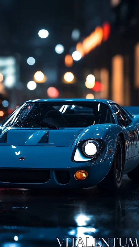 Classic blue sports car under neon night bokeh lighting