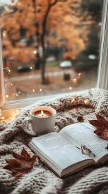 Autumnal reading still life with candle, bokeh, and textiles.