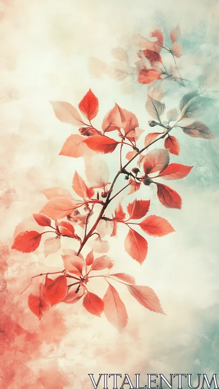 Red foliage branch over soft pastel abstract background.