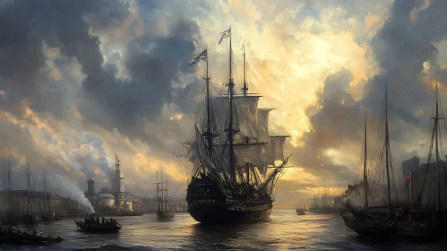 Tall ship under backlit storm clouds enters industrial harbor channel