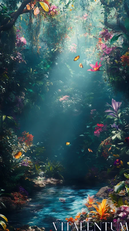 Volumetric light shafts illuminate dense floral jungle stream
