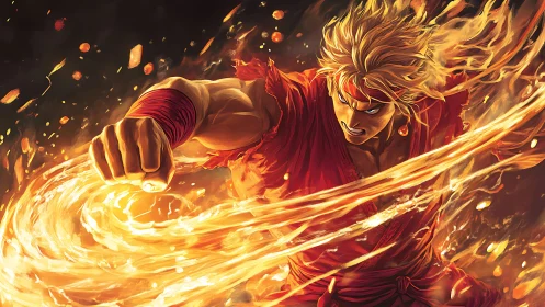 Fiery martial artist unleashing explosive swirling punch.