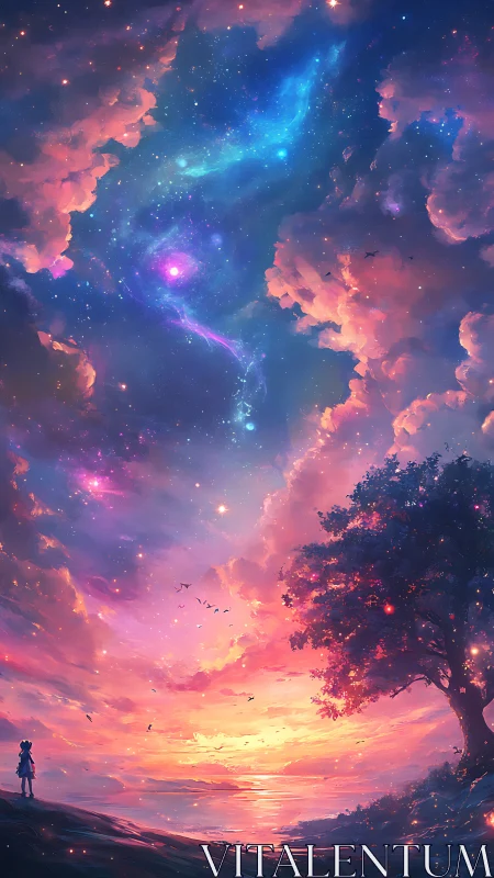Starlit nebula sky crowns radiant sunset shoreline vista