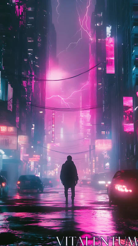Neon storm lights a lone walker in a moody cyberpunk street