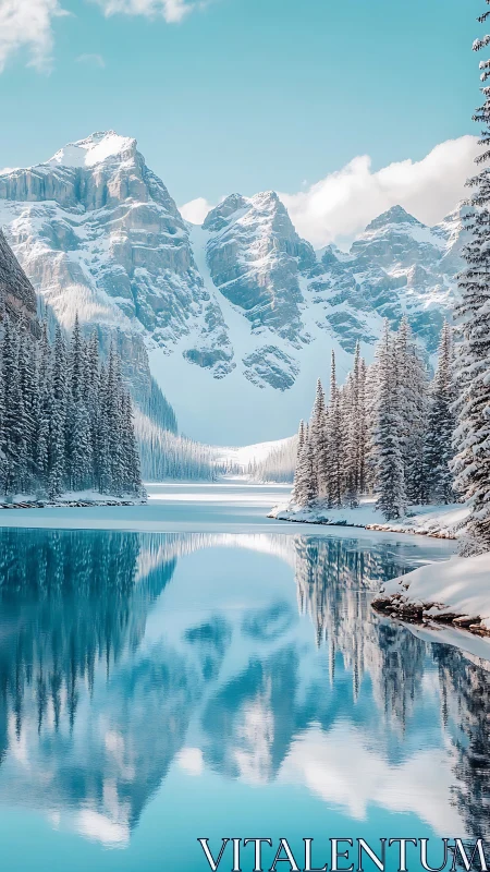 Snow covered mountain lake with conifer forest reflection.
