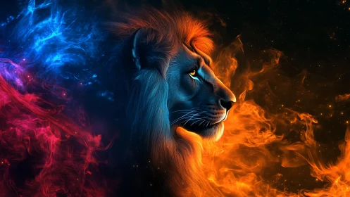Lion profile rendered in dual blue and orange energy light