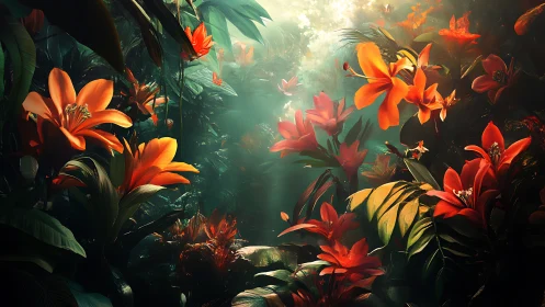 Tropical Lily Garden: Golden Sunlight Through Lush Foliage.