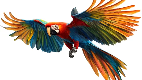 Vibrant Scarlet Macaw in Flight, Realistic Digital Illustration.