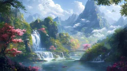 Fantasy mountain valley with cascading waterfalls and bridge