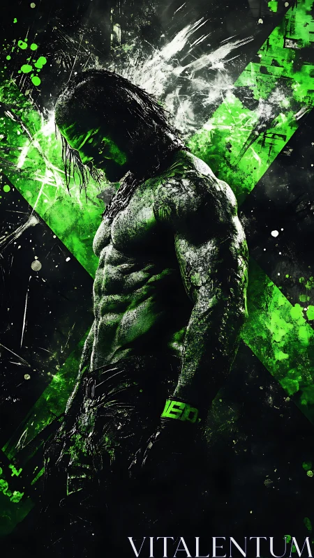 Muscular warrior in green splatter digital artwork.