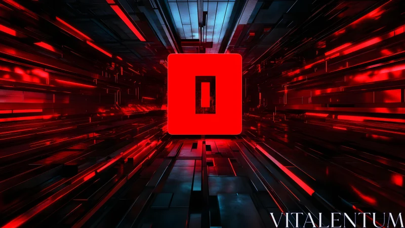 Futuristic Red Digital Tunnel With Central Glowing Square Symbol.
