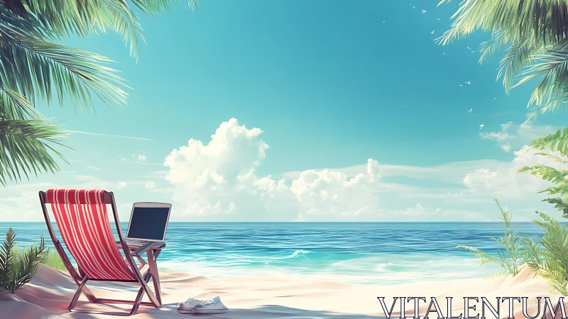 Digital beach scene with striped lounge chair and laptop against turquoise ocean horizons