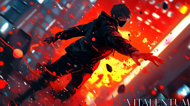 Masked street hero strides through neon chaos and firelight