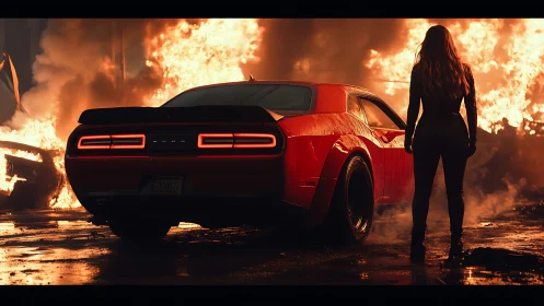 Muscle car standoff amid blazing urban inferno at night.