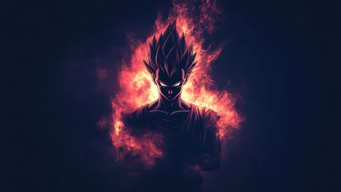 Silhouetted spiky haired warrior framed by fiery aura glow.