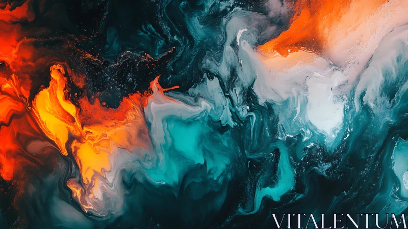 Vivid teal and orange fluid abstract painting in motion.