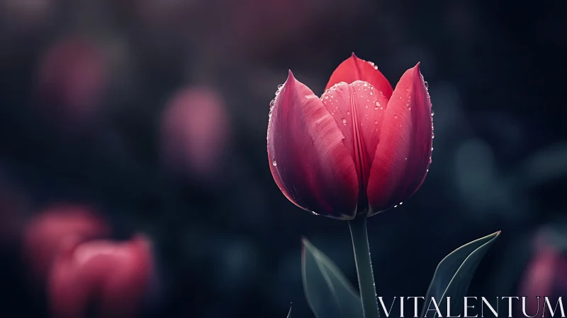 Red Tulip Glistens with Morning Dew in Dark Garden