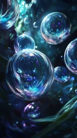Starlit soap bubbles drift like tiny galaxies underwater