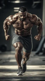Muscular sprinter powers forward under dramatic gym light.