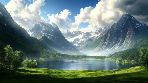 Mountain lake valley under dramatic clouds and sunlight.