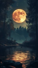 Luminous supermoon over forest river with reflective lightfield.