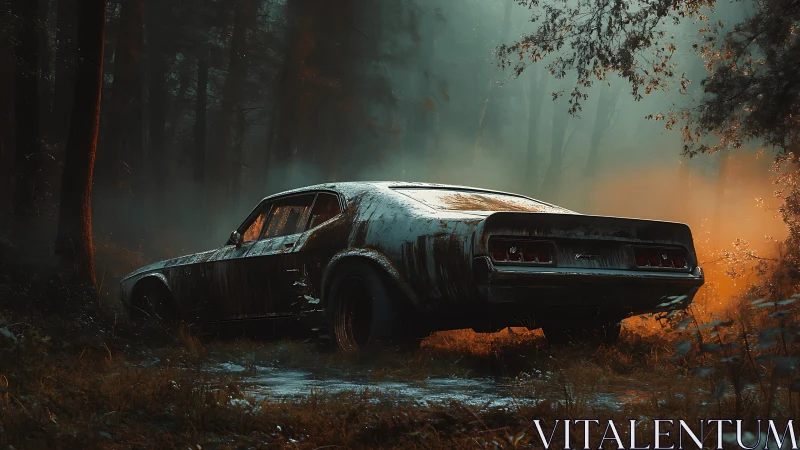 Rusting muscle car in misty forest under orange glow.