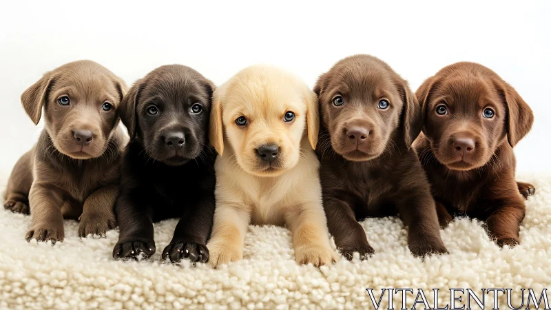 Row of labrador puppies on soft white fleece blanket.