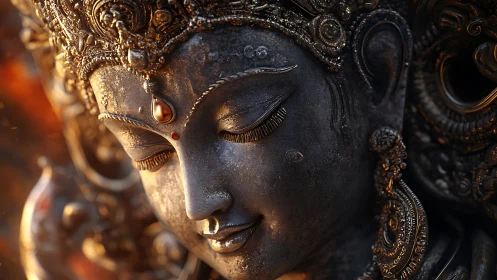 Gentle goddess statue glows softly in warm evening light