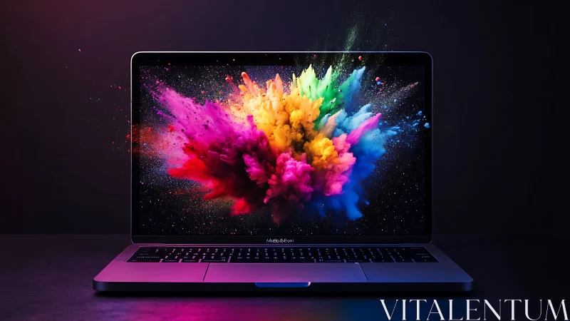 Colorful digital explosion bursts from a sleek laptop screen