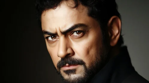 Intense bearded man’s piercing stare in dramatic close-up.