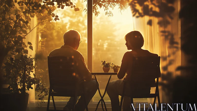 Backlighting silhouettes: two figures seated at table with golden hour rim lighting effect