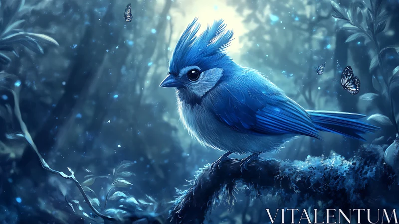 Blue songbird in magical forest setting, digital fantasy art.