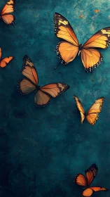 Golden butterflies drift across deep teal textured sky.