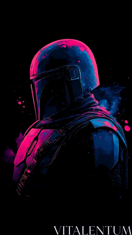Helmeted armored figure rendered in neon duotone profile
