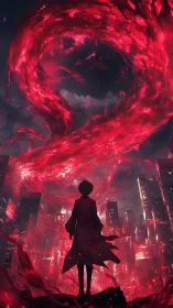 Silhouetted figure observing red energy over cityscape.
