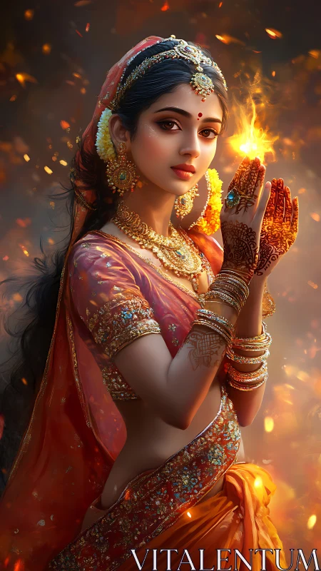 Sacred fire bearer in jeweled sari amid glowing embers.