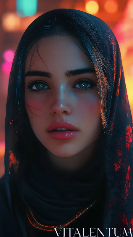 Digital portrait of veiled woman with neon city bokeh background.