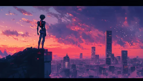 Solitary cybernetic figure surveys neon city at dusk