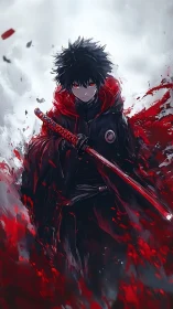 Black-haired swordsman in red cloak amid abstract red field.