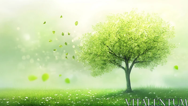 Single green tree stands on grassy field under diffuse light