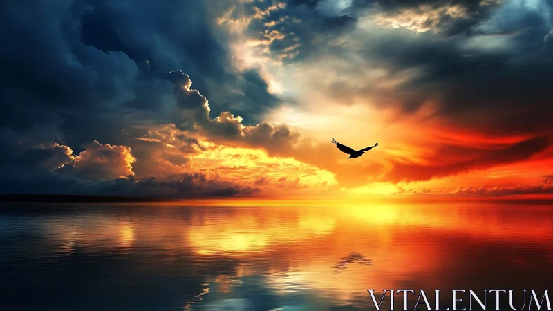 Soaring bird glides across a fiery, peaceful ocean sunset