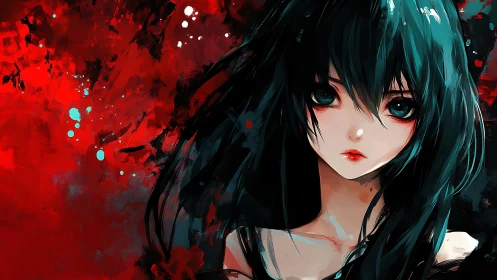 Melancholic teal haired anime girl on abstract red backdrop