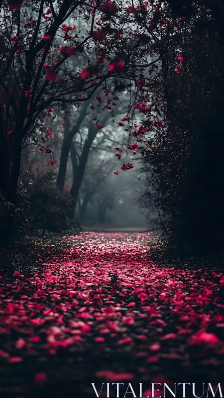 Crimson petals orchestrate nature's moody farewell through shadowed woodland tunnel