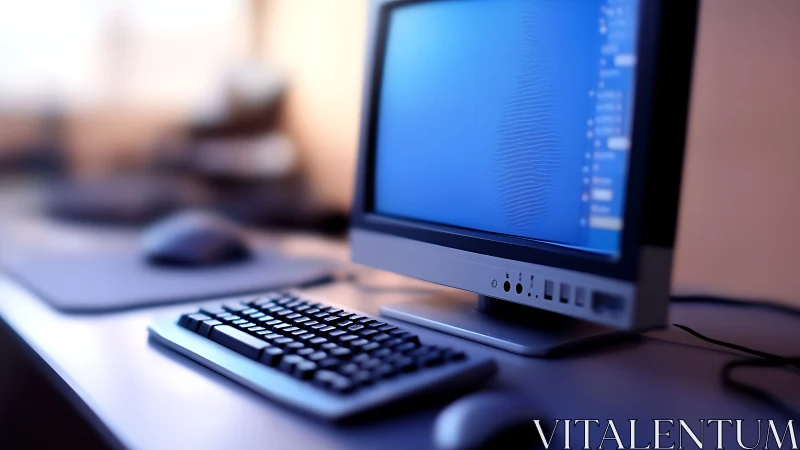 Desktop computer monitor and keyboard sit on office desk